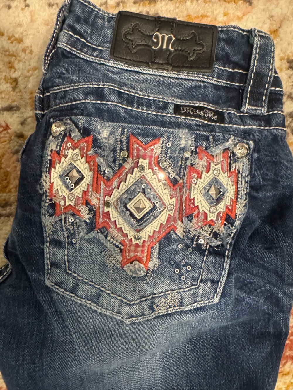 Miss Me Blue Denim Jeans with Red and Cream Aztec Embroidery
